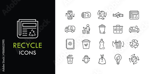 Recycle line icon set, outline web icon collection containing Recycle bin, Recycling truck, Reuse symbol and more, vector illustration in line style