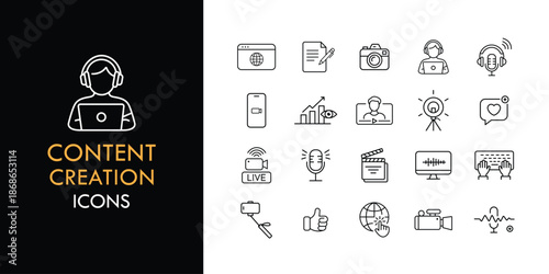 Content creation line icon set, outline web icon collection containing Camera, Recording, Video and more, vector illustration in line style