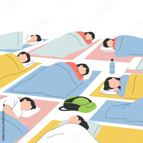 People sleeping on blankets in a communal shelter during emergency  