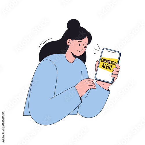 Woman receiving emergency alert on smartphone with concerned expression  
