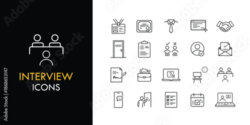 Interview line icon set, outline web icon collection containing Resume, Candidate, Conversation and more, vector illustration in line style