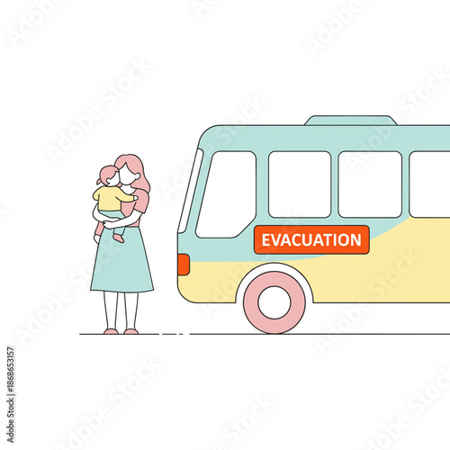Woman holding child next to evacuation bus in emergency situation  