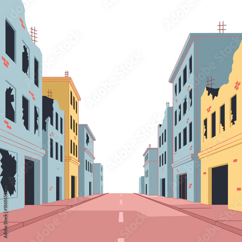 Desolate street between damaged buildings in urban environment  