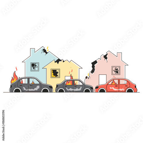 Destruction of homes and cars due to war and violence illustration  