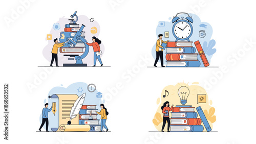 Set of educational scenes showing people studying with books, conducting research, managing time, and generating creative ideas.