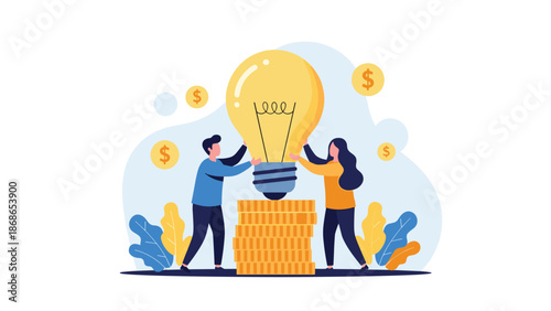 Business couple investing in a large light bulb idea while standing on a stack of golden coins symbolizing profitable innovation.