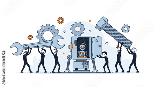 Team of people working together to assemble and repair a robot using giant mechanical tools like a wrench and a bolt.