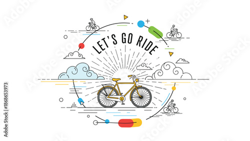 Dynamic cycling concept with a central bicycle and the phrase let's go ride featuring various cyclists in a circular motion.