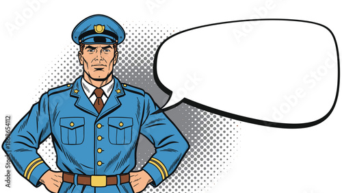 Professional officer in a blue uniform standing confidently with a large blank speech bubble in pop art comic style.