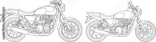 Two motorcycle line drawings side by side on a plain for design use