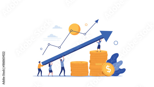 Business team working together to push up a financial growth arrow while standing on stacks of golden money coins.