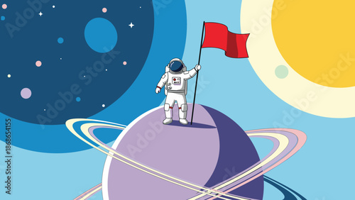 Brave astronaut standing on a purple ringed planet and planting a red flag symbolizing successful space exploration.