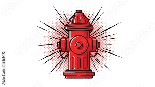 Bright red fire hydrant centered on a dotted background with dynamic black action lines for a comic book style.