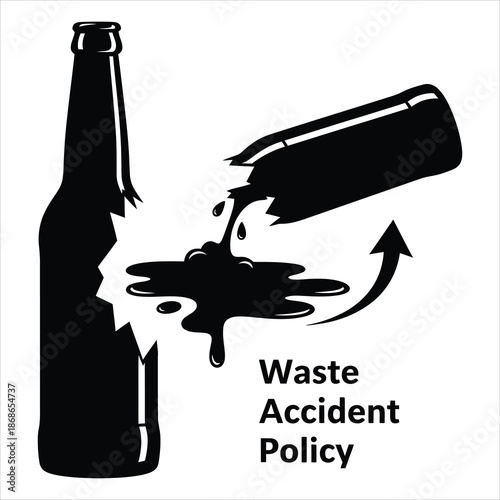 Broken beer bottle spill silhouette representing waste, accident and policy messaging in abstract black and white vector