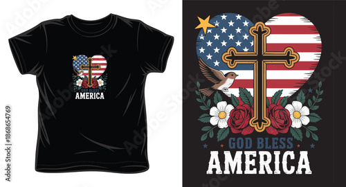 Christian patriotic usa heart flag cross bird and flowers black shirt