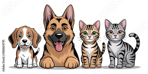 Cute cartoon beagle puppy, happy German shepherd, and two friendly tabby cats sitting together
