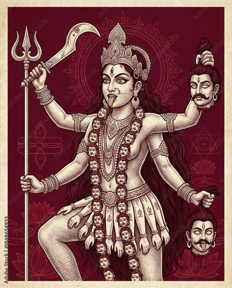 Fototapeta premium Goddess Kali with multiple arms holding severed heads and weapons, a fierce deity in Hinduism.