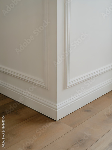 Modern Interior Design with White Walls and Wood Flooring: Achieving Simple Elegance through Artisanal Trim Work and Luxury Finishes in a Contemporary Space