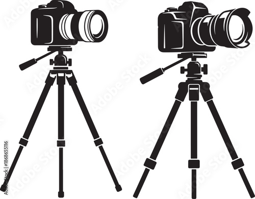 Two black and white illustration of cameras on tripods isolated on for photography or videography concepts