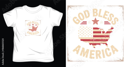 White tshirt with patriotic american map distressed usa flag and text god bless america