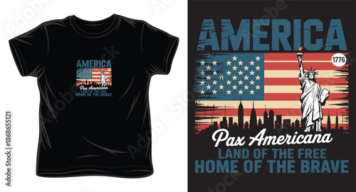 Black tshirt with statue of liberty usa flag and text pax americana land of free