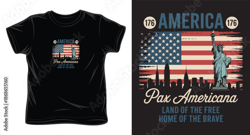 Black tshirt mockup with statue of liberty usa flag text pax americana land of free