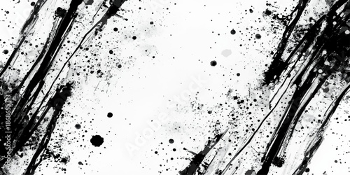 Abstract black ink splat with grunge texture and liquid paint spray drips on a dirty vector illustration background element featuring splatters and brush blots