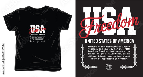 Black tshirt design with usa freedom text and foundational principles quote framed by barbed wire