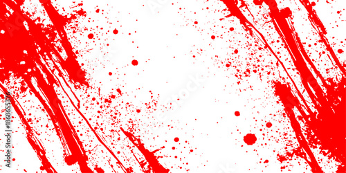 A red grunge background features an artistic illustration of blood cells mixed with splatters of red paint and ink stains to create a dark horror pattern with a dirty texture