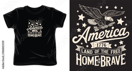 Patriotic bald eagle apparel design with land of the free and home of the brave text