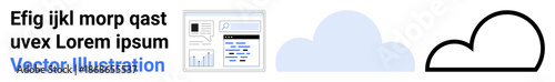 Cloud computing, digital storage, technology services, data analysis, online platforms, IT solutions. Minimalist design showing a data dashboard and cloud icons. Cloud computing and digital storage