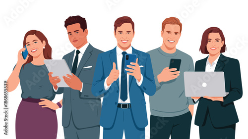 Diverse group of five happy business professionals actively using various modern digital devices for communication