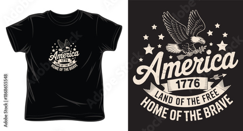 American eagle emblem with 1776 year and land of the free curved typography design
