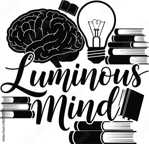 Luminous Mind Brain Lightbulb Books Vector Black Hand Drawn Typography Logo Emblem Badge Icon Silhouette Vintage Retro Graphic Knowledge Education Intelligence Science