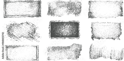 Collection of nine distressed grunge rectangular frames and textured backgrounds with rough edges and speckled patterns for