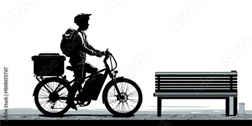 Silhouette of a father  riding an electric bicycle together on a white background