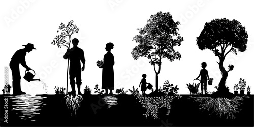 Silhouettes of people planting trees in a garden