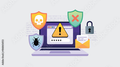 Flat lay illustration showing a laptop with a warning message, password input, and various security icons