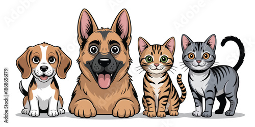 Four adorable cartoon pet animals including a beagle, German Shepherd, and two tabby cats on white