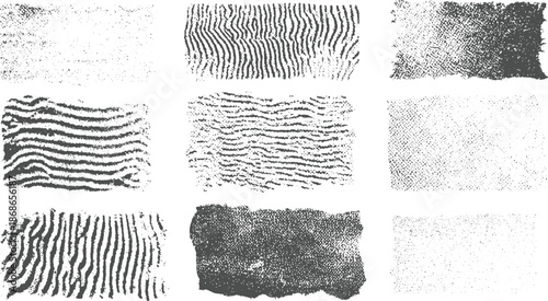 Collection of abstract fingerprint-like textures and granular patterns in monochrome for unique backgrounds and with organic lines