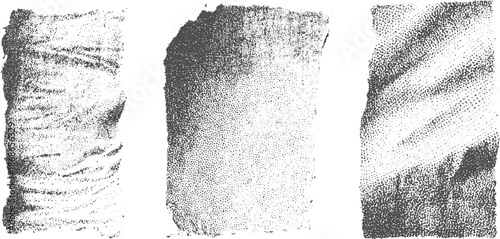 Three abstract textured pieces with crumpled fabric-like folds and dot patterns presenting a distressed monochrome look for creative backgrounds