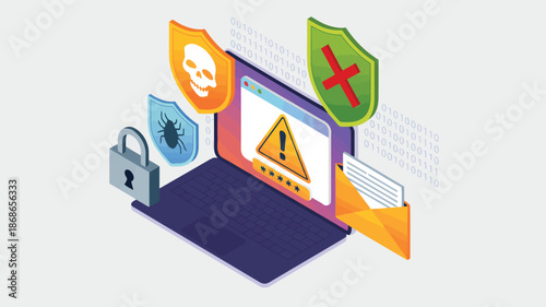 Illustration featuring a laptop displaying a warning and password field with various digital security elements