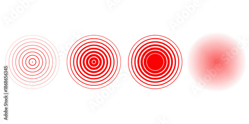 Red concentric ripple circles set. Sonar or sound wave rings collection. Epicentre, target, radar icon concept. Radial signal or vibration elements. Halftone vector illustration