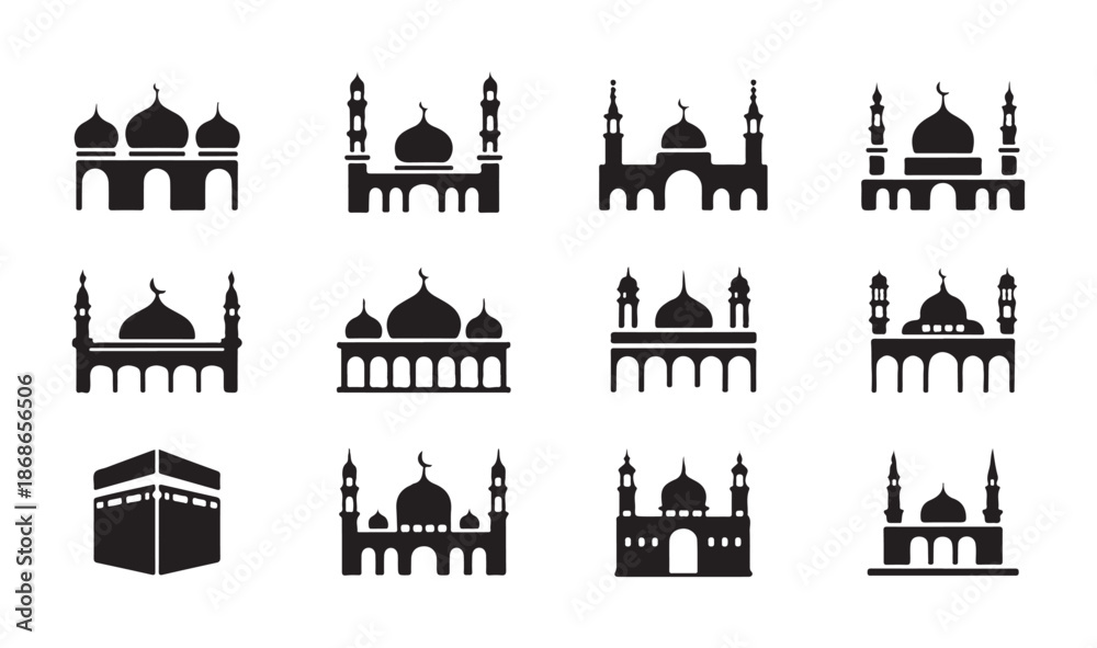 Fototapeta premium Abstract geometric flat icons set featuring islamic mosques buildings and kaaba silhouette vectors design elements