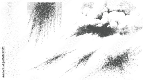 Abstract monochrome stippled compositions featuring cloud-like forms and linear streaks with varying dot densities and granular effects