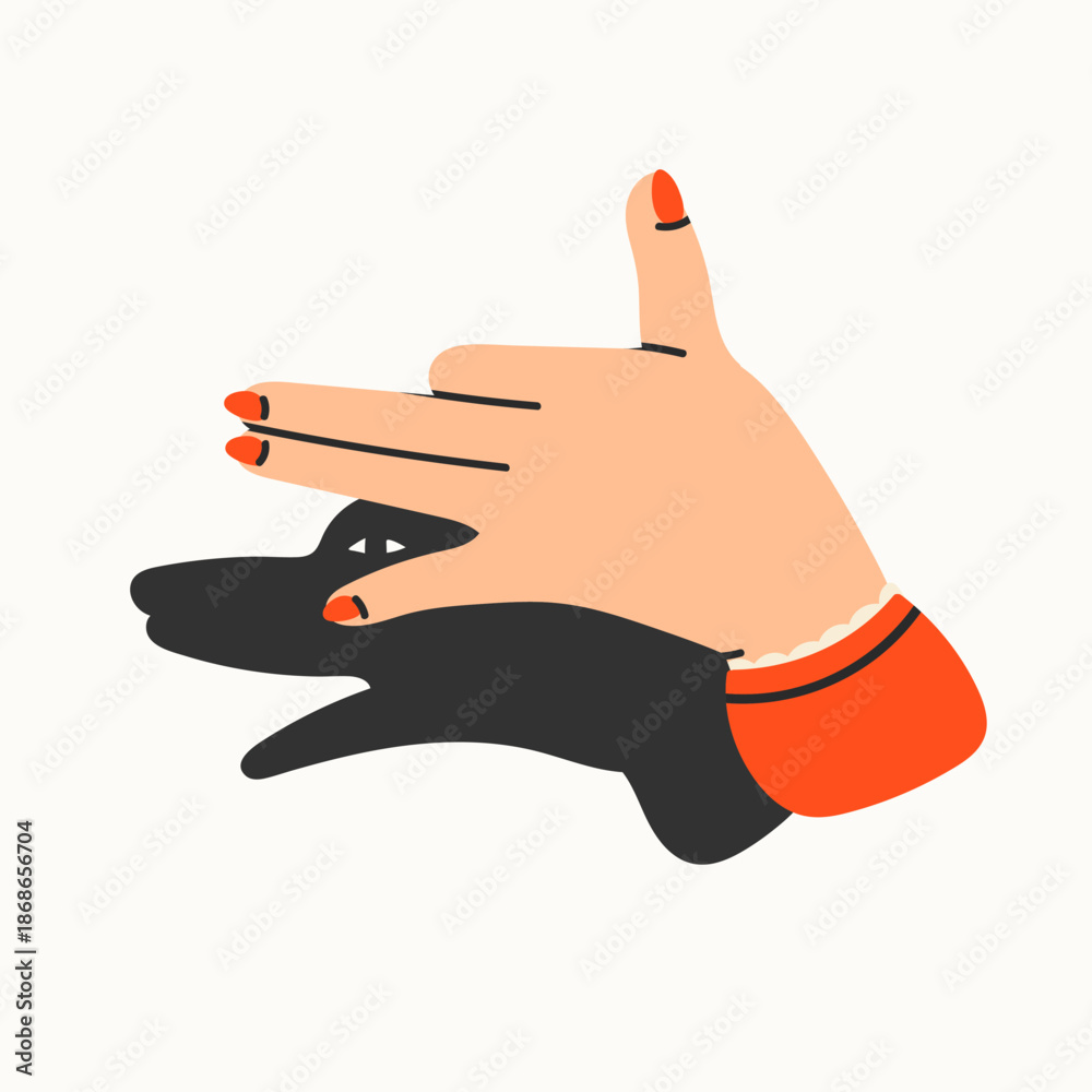 Obraz premium Tender female hand showing shadow puppet barking dog. Hand drawn trendy Vector illustration. Isolated design element. Logo, icon, print, sticker template