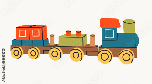 Wooden train. Toy for kids, transport, childhood, childish game, preschool activity concept. Hand drawn trendy Vector illustration. Isolated design element. Icon, logo, print, sticker template