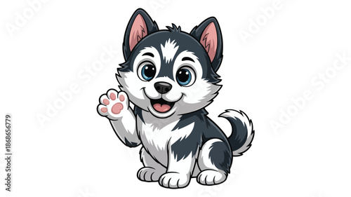 Sweet cartoon Siberian husky puppy with big blue eyes waving its front paw on a white background