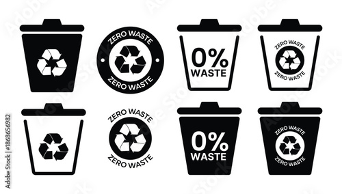 Zero Waste Recycling Bin Icons Set – Eco Friendly Trash Can & Recycle Symbols Vector Collection