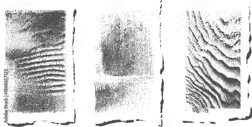 Three abstract grunge textures with torn edges and wavy dot patterns resembling sand dunes or wood grain
